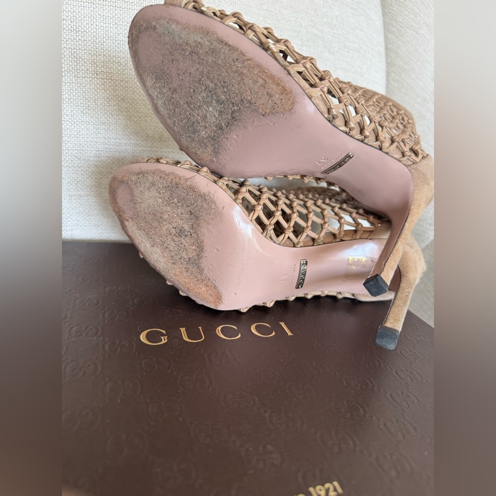 Gucci Tan Caged/Netted Design Ankle Heels Size 37 - Picture 3 of 9